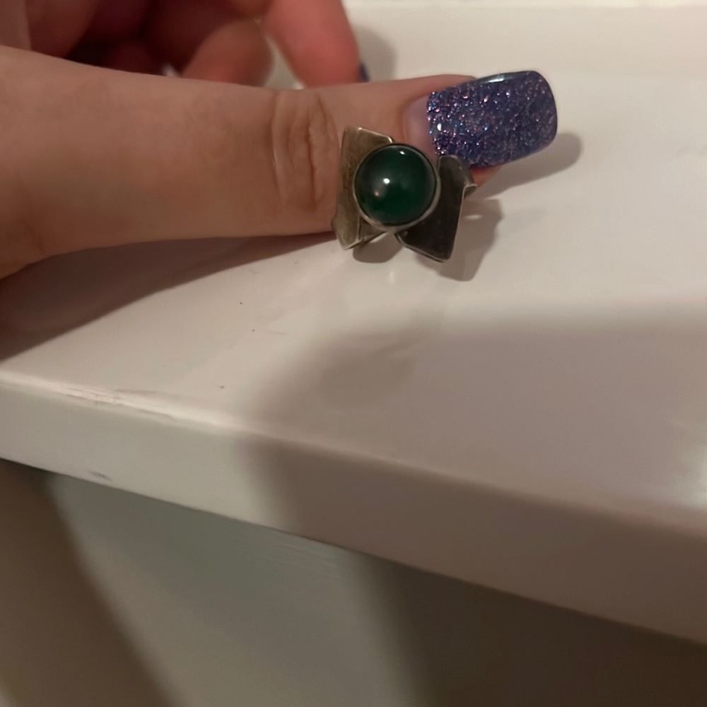 Green agate geometric silver ring